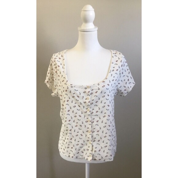 Old Navy Womens Top XL Rib Button Down Top Short Sleeve Floral Pull Over Casual - Picture 6 of 10